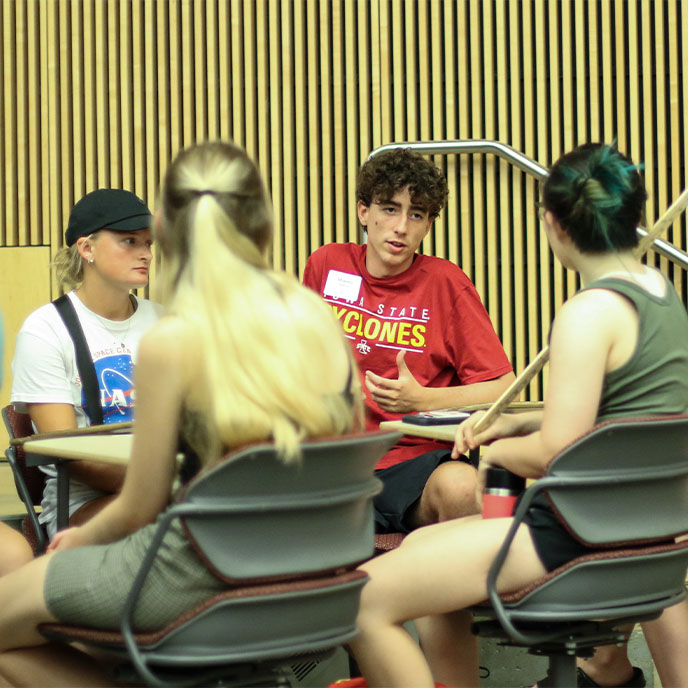 Four honors students attending the First-Year Honors Program Kickoff.