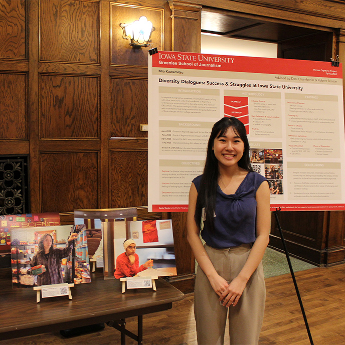 Mia Kawamitsu in front of her honors project at the 2024 Spring Poster Session.