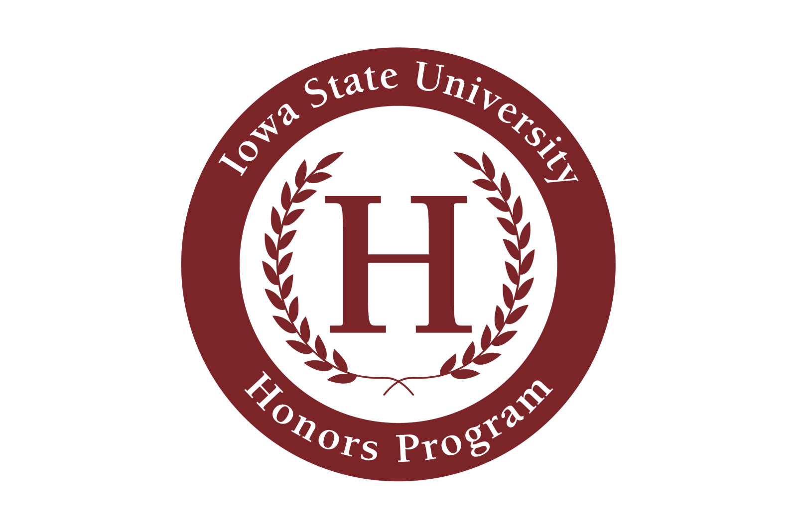 Iowa State University Honors Program red graphic with a ribbon of leaves surrounding an "H"